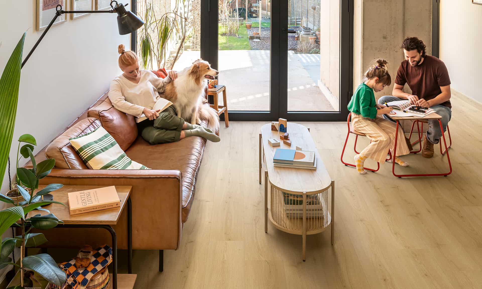 Living room with brown vinyl floor